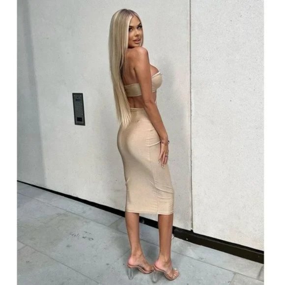 Nude Sleeveless Halter Neck Cutout Open Back Bodycon Midi Dress - Picture 11 of 15